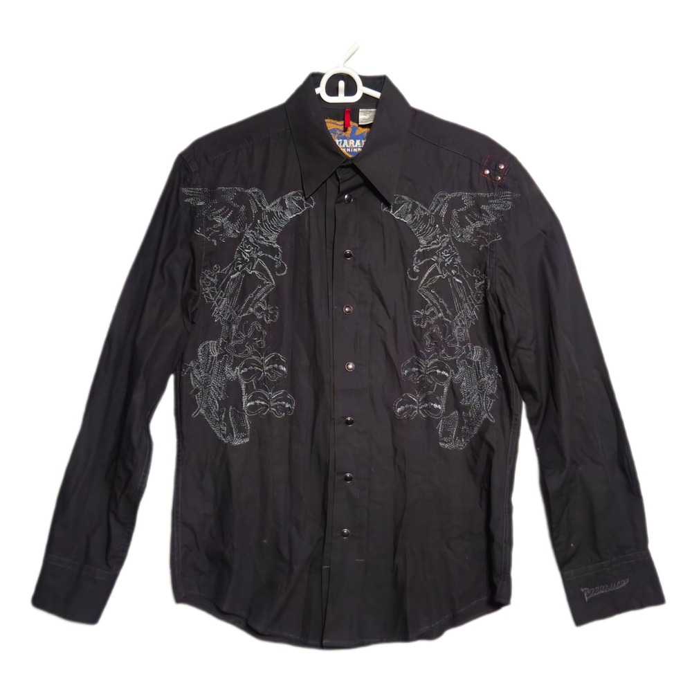 Parasuco Denim Legend Shirt Mens Medium Black Embroidered Angel Y2K Pearl Snap